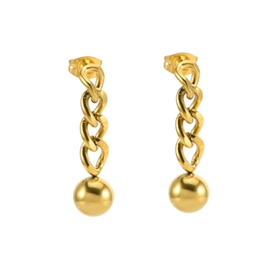 Polished gold-plated stainless steel thick chain earrings with spherical stud and mirror finish