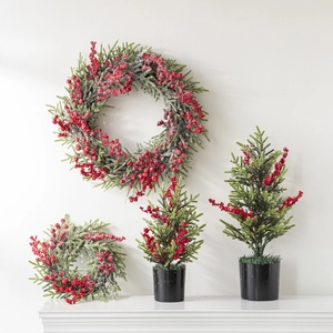 Christmas Artificial Pine Needles Red Berries Snow Frost Wreath Mini Tabletop Tree Nordic Style Festive Holiday Decor