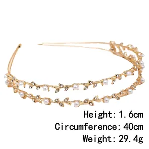 Golden double-layer headband featuring white pearls and rhinestones in vine design