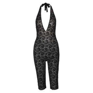 Detail of black lace halter jumpsuit featuring a backless tie and deep V-neckline cut
