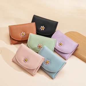 Three-fold PU leather women's wallets with daisy clasp in six soft pastel colors