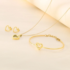 Parure de bijoux 3 pièces coeur évidé doré avec collier, bracelet et boucles d'oreilles