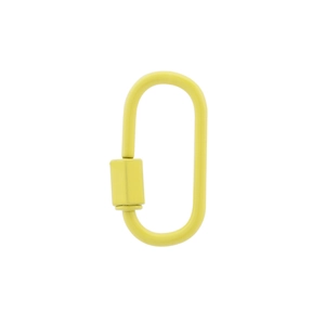 Close-up of a yellow enamel copper carabiner with a secure screw lock mechanism