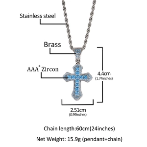Hip hop cross necklace with blue zircon pendant on stainless steel twist chain