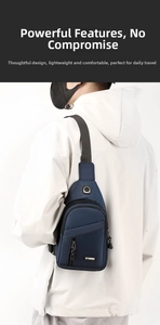 Detail of dark blue waterproof chest bag showing front pocket and earphone port