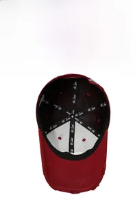Detail of vintage washed red baseball cap interior with reinforced stitched branded tape