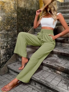Pantalon large en lin vert olive à taille haute avec cordon et boutons latéraux