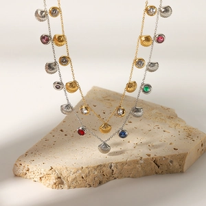 Stainless steel shell necklaces with colorful zircons in gold and silver finish