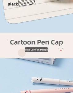Detail of cartoon panda and pig silicone caps on cute erasable gel pens for students