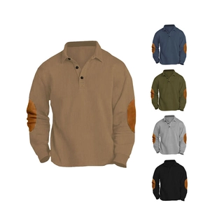 Men's corduroy long sleeve polo shirt with classic collar and suede elbow patches