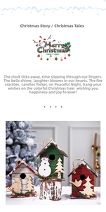 Three wooden Christmas birdhouses with Santa and snowman motifs hanging by hemp ropes