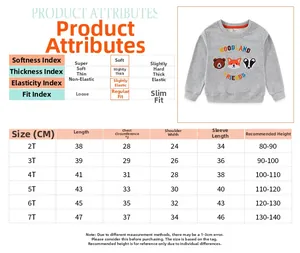 Size guide for boys' grey sweatshirt showing length, chest, and height specs from 2T to 7T
