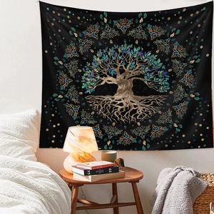 Detailed view of Tree of Life tapestry with golden mandala patterns on black fabric