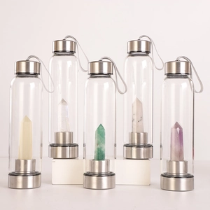 Crystal Energy Water Bottle Glass Natural Quartz Healing Stone Point Wand 304 Stainless Steel Leak Proof Travel Portable