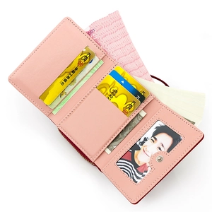 Pink trifold PU leather short wallet with heart embroidery and multi-card slots
