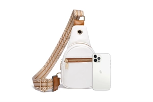 Detailed view of white faux leather sling bag with woven strap and phone size reference