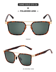 Front and 45-degree side views of tortoise shell polarized sunglasses with gold trim