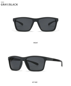 Front and side view of classic polarized gray black men's sunglasses for driving