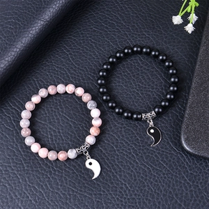 8mm Tai Chi Yin Yang couples bracelet set with matte black and pink marble stone beads