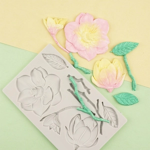 Camellia flower and leaf relief silicone mold for fondant cake decorating and resin crafts