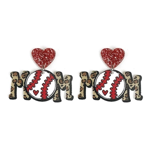 Acrylic Baseball Mom stud earrings with red glitter hearts and leopard print letters