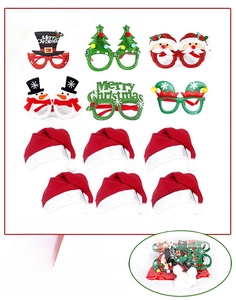 Christmas party set with 6 festive decorative glasses and 6 red non-woven santa hats