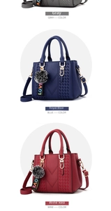 Detailed view of grey, blue, and burgundy PU leather handbags with pompom and woven texture