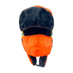 Winter bomber hat with reflective strips and warm faux fur lining in bright orange color