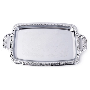 Silver rectangular stainless steel tray with ornate handles and embossed patterns