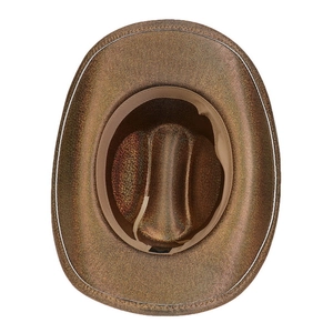 Vue de dessus d'un chapeau de cowboy marron métallique avec bandeau et paillettes dorées