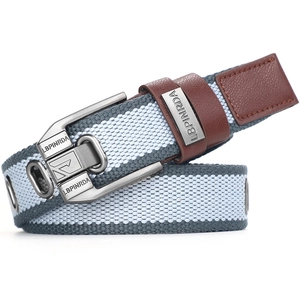 Striped blue and grey canvas belt with metal buckle and brown leather accents