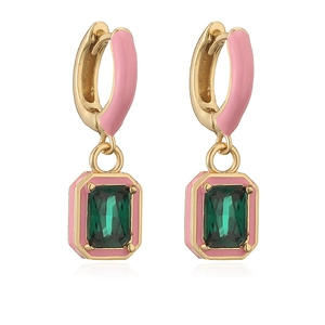 Pink enamel and green rectangular gemstone drop earrings on a gold-plated base