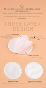 Detailed view of three-layer round cotton pads with mesh and smooth textures for skincare