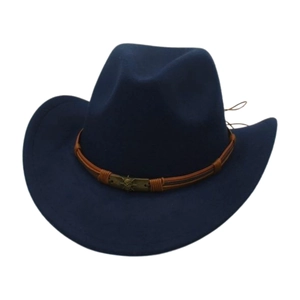 Navy blue felt cowboy hat with braided brown cord and vintage bronze skull metal buckle