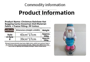 Detailed view of handmade Christmas plush gnome with rainbow hat and gift bag on a scale
