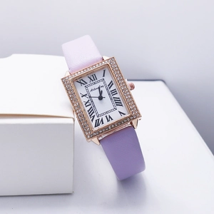 Elegant gold square watch with crystal bezel, white Roman dial, and lavender leather strap
