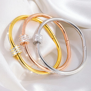 Minimalist Stainless Steel Bangle Bracelet For Women With Pave Zirconia Cylindrical Slide Charm Elegant Polished Jewelry