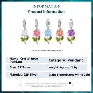Macro view of S925 silver crystal rose pendants with UV color change feature