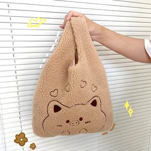 Plush lamb wool handbag with cute cartoon embroidery and heart pattern in khaki