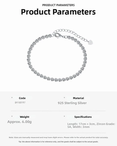 Detail of 925 sterling silver tennis bracelet with 5A zircon and size parameters