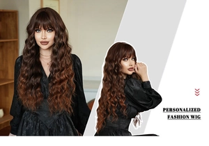 Detail of long wavy brown hair wig with bangs and natural gradient texture