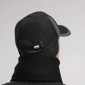 Rear view of men's winter baseball cap with ear flaps and matching black scarf set