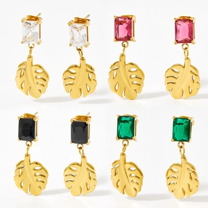 Set of four gold stainless steel earrings with rectangle gemstones and monstera leaves