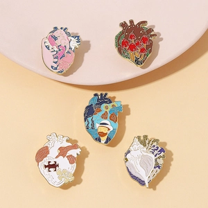 Artistic oil painting style heart-shaped enamel pins with dinosaur and starry sky patterns
