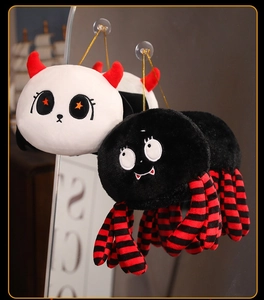 Detail of Halloween plush spider and devil panda pendants with suction cups for decor