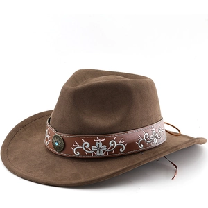 Western Cowboy Hat Faux Suede Embroidered Leather Band Turquoise Buckle Wide Brim Vintage Outdoor Unisex Fedora