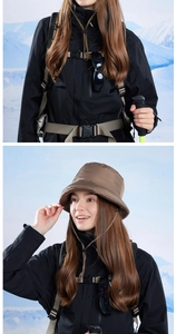 Detail of insulated ear-protection bucket hat with drawstring and professional hiking gear