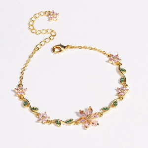 Cherry Blossom Flower Bracelet Gold Plated Copper Pink Green Zircon Adjustable Chain Pastoral Style Jewelry For Women
