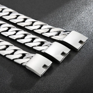 Detail of 24mm polished silver Cuban link bracelet with brushed metal square buckle