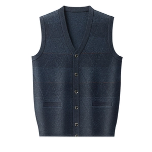 Men's dark blue V-neck knitted sweater vest with button-up front and side pockets